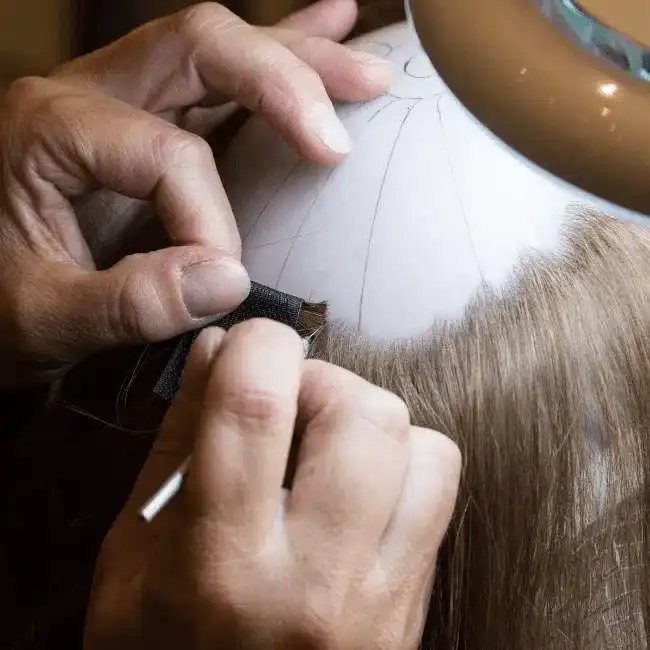 Wig-making process: Hands stitching hair onto a wig cap with precision and care.
