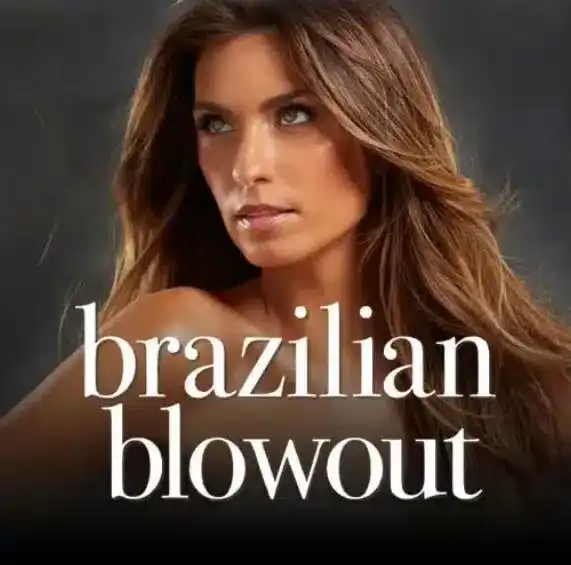Model with long hair promoting Brazilian Blowout hair treatment.
