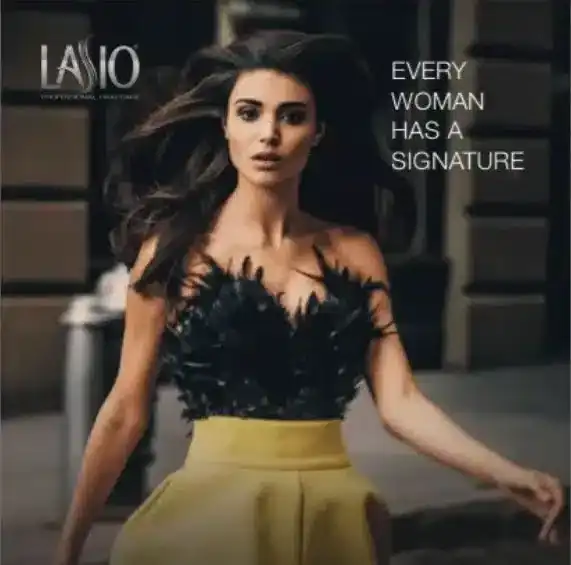 Woman in a stylish black top and yellow skirt with text "Every woman has a signature.
